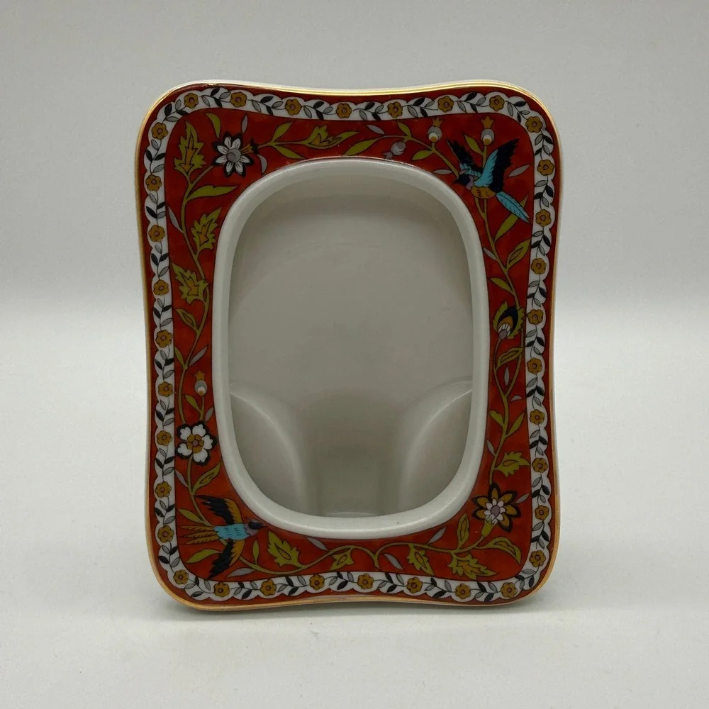 Takahashi Silk Road Porcelain Picture Frame 1983 Red Floral Bird Gold Trim Japan